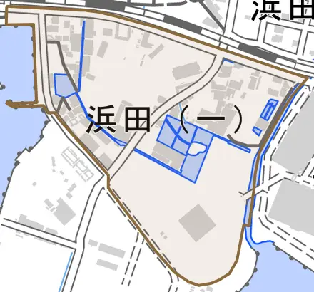 浜田とその周辺の地図。町の範囲を重ねている