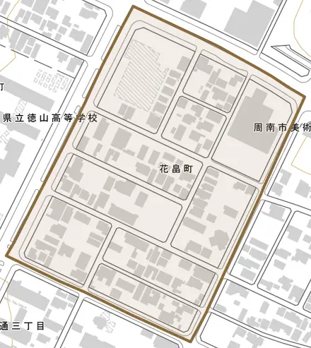 花畠町とその周辺の地図。町の範囲を重ねている