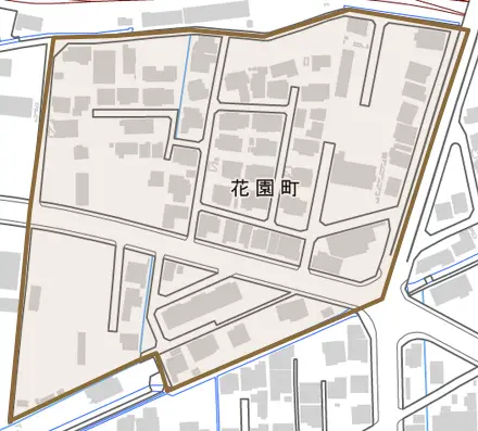 花園町とその周辺の地図。町の範囲を重ねている