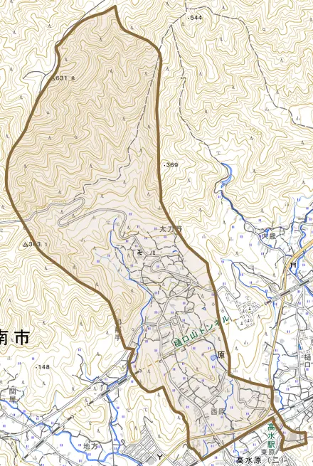 大字原とその周辺の地図。町の範囲を重ねている