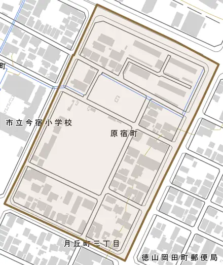原宿町とその周辺の地図。町の範囲を重ねている