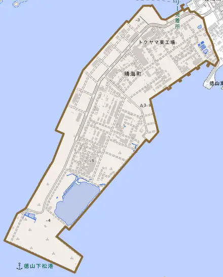 晴海町とその周辺の地図。町の範囲を重ねている