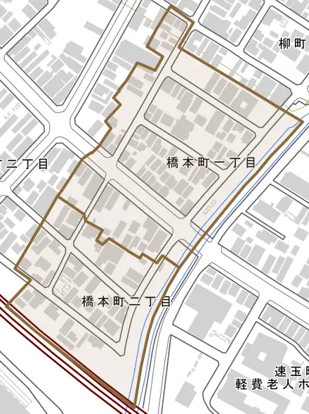 橋本町とその周辺の地図。町の範囲を重ねている