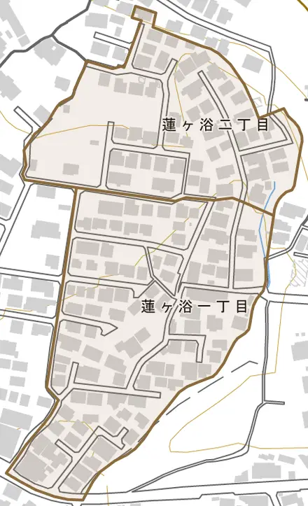 蓮ヶ浴とその周辺の地図。町の範囲を重ねている