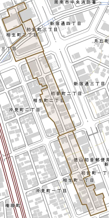 初音町とその周辺の地図。町の範囲を重ねている