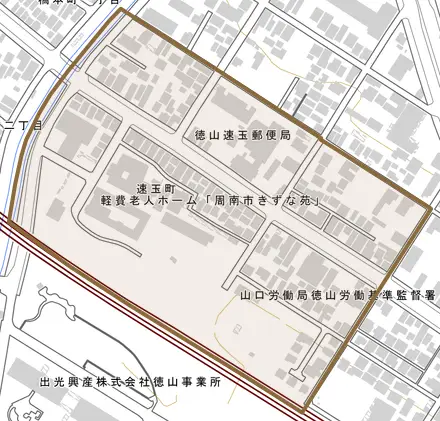 速玉町とその周辺の地図。町の範囲を重ねている