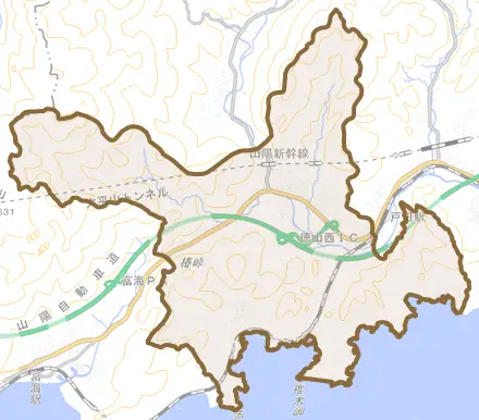 大字戸田とその周辺の地図。町の範囲を重ねている