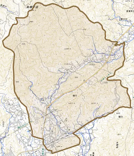 大字樋口とその周辺の地図。町の範囲を重ねている