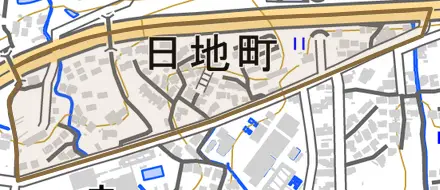 日地町とその周辺の地図。町の範囲を重ねている
