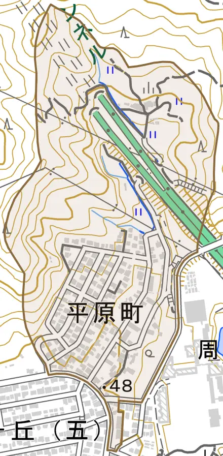 平原町とその周辺の地図。町の範囲を重ねている