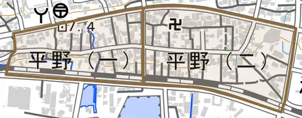 平野とその周辺の地図。町の範囲を重ねている
