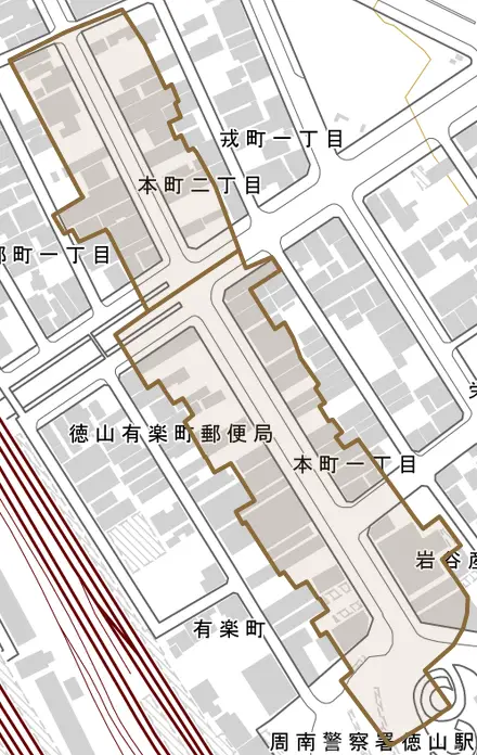 本町とその周辺の地図。町の範囲を重ねている