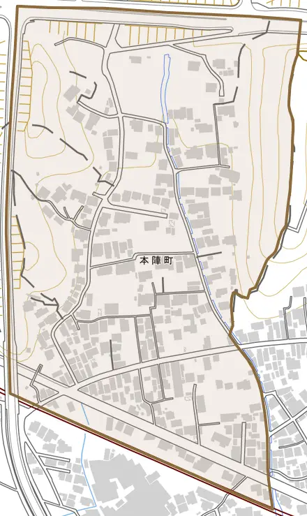 本陣町とその周辺の地図。町の範囲を重ねている
