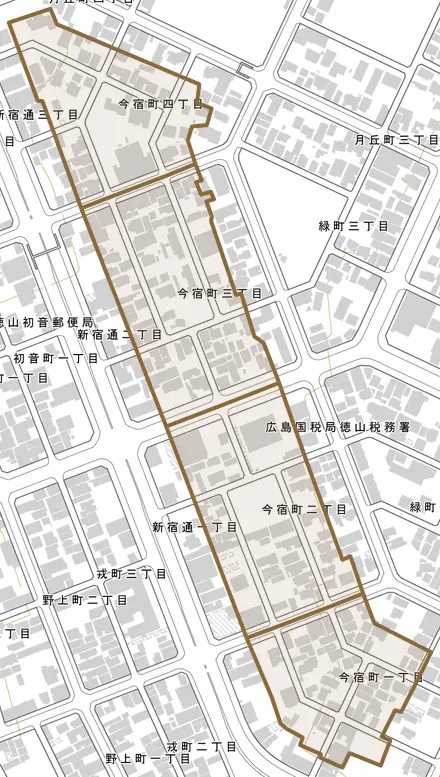 今宿町とその周辺の地図。町の範囲を重ねている