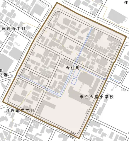 今住町とその周辺の地図。町の範囲を重ねている