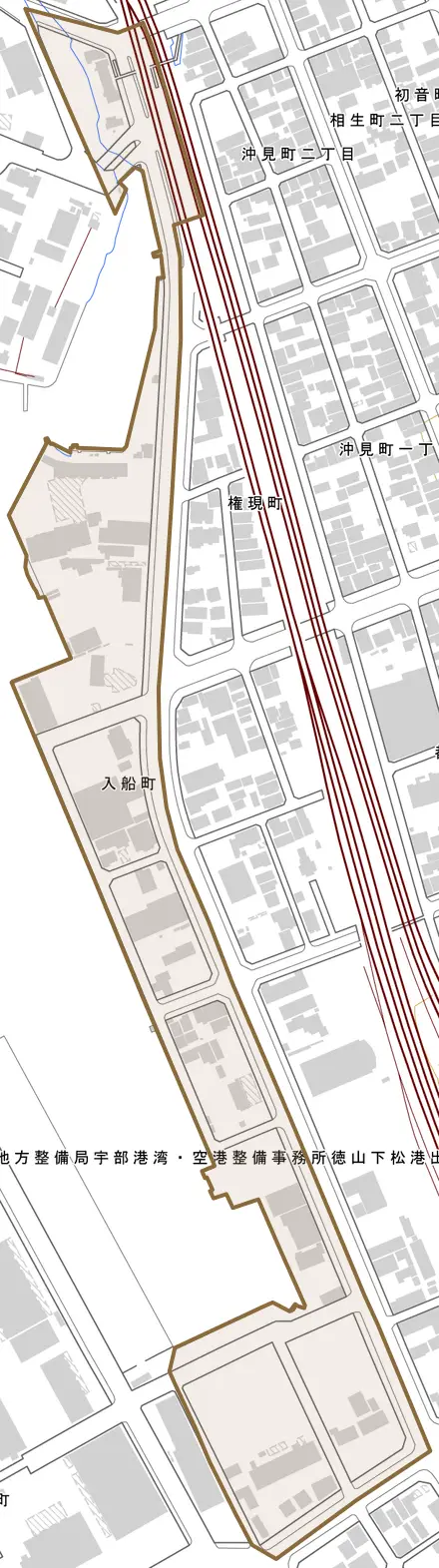 入船町とその周辺の地図。町の範囲を重ねている