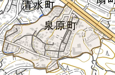 泉原町とその周辺の地図。町の範囲を重ねている