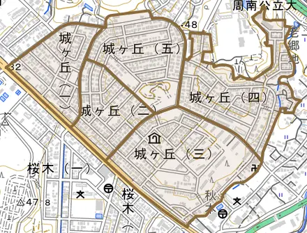 城ヶ丘とその周辺の地図。町の範囲を重ねている