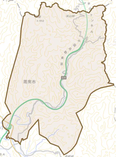 大字鹿野上とその周辺の地図。町の範囲を重ねている