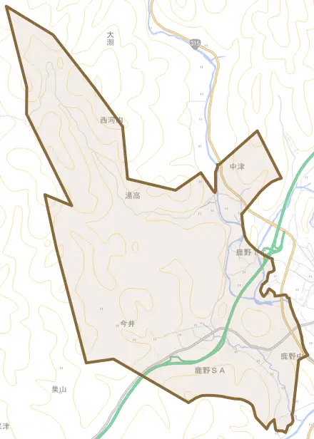 大字鹿野中とその周辺の地図。町の範囲を重ねている