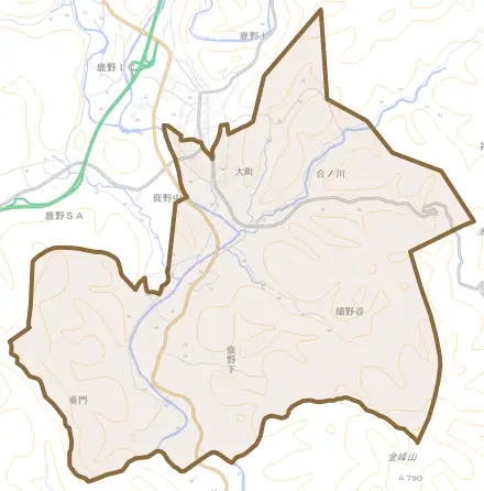 大字鹿野下とその周辺の地図。町の範囲を重ねている