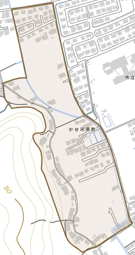 かせ河原町とその周辺の地図。町の範囲を重ねている