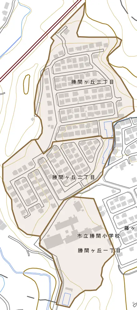 勝間ヶ丘とその周辺の地図。町の範囲を重ねている