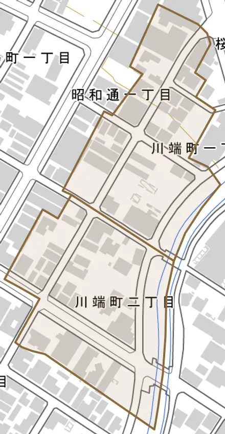 川端町とその周辺の地図。町の範囲を重ねている