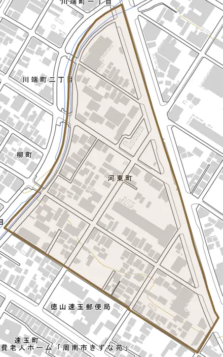 河東町とその周辺の地図。町の範囲を重ねている