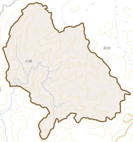 大字川曲とその周辺の地図。町の範囲を重ねている