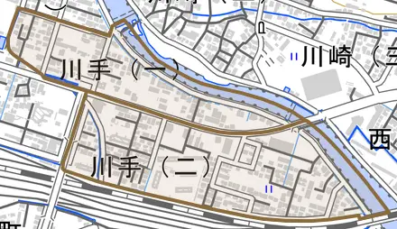 川手とその周辺の地図。町の範囲を重ねている