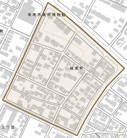 岐南町とその周辺の地図。町の範囲を重ねている