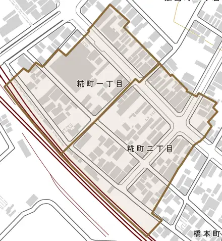 糀町とその周辺の地図。町の範囲を重ねている