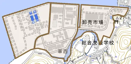 鼓海とその周辺の地図。町の範囲を重ねている