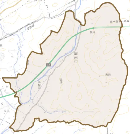 大字小松原とその周辺の地図。町の範囲を重ねている