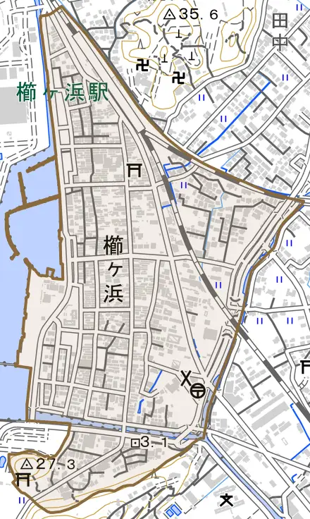 大字櫛ヶ浜とその周辺の地図。町の範囲を重ねている