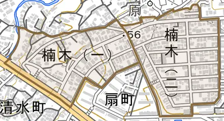 楠木とその周辺の地図。町の範囲を重ねている