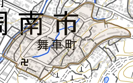 舞車町とその周辺の地図。町の範囲を重ねている