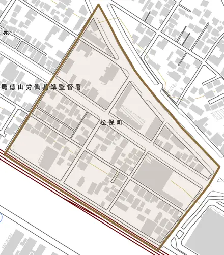 松保町とその周辺の地図。町の範囲を重ねている