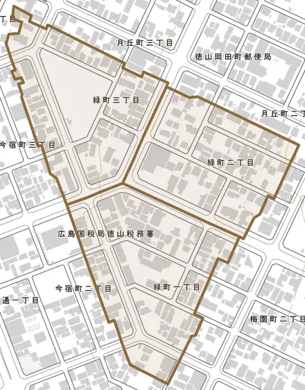 緑町とその周辺の地図。町の範囲を重ねている