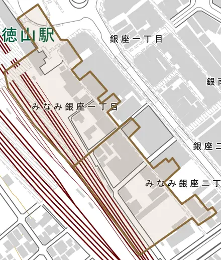 みなみ銀座とその周辺の地図。町の範囲を重ねている