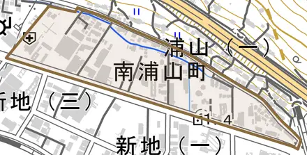 南浦山町とその周辺の地図。町の範囲を重ねている