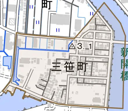 三笹町とその周辺の地図。町の範囲を重ねている