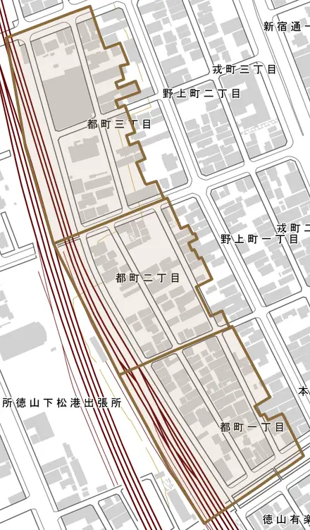 都町とその周辺の地図。町の範囲を重ねている