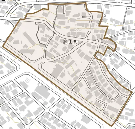御山町とその周辺の地図。町の範囲を重ねている