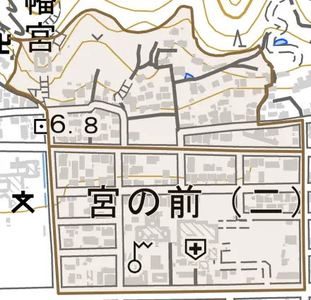 宮の前とその周辺の地図。町の範囲を重ねている
