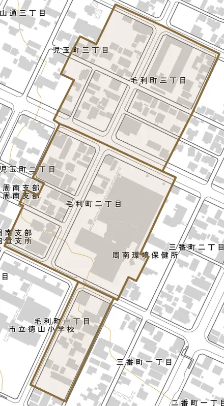 毛利町とその周辺の地図。町の範囲を重ねている