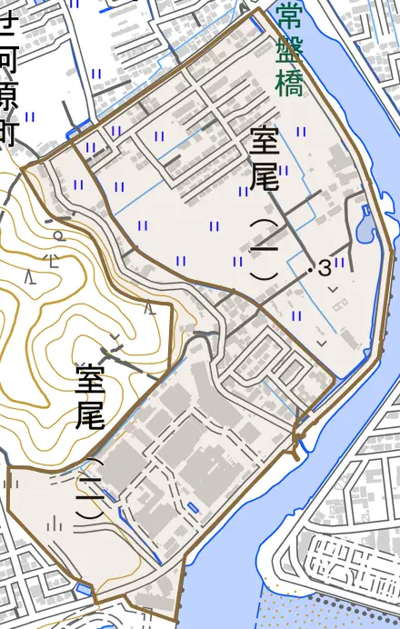 室尾とその周辺の地図。町の範囲を重ねている