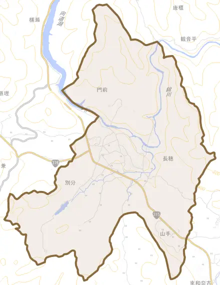 大字長穂とその周辺の地図。町の範囲を重ねている