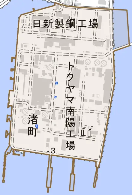 渚町とその周辺の地図。町の範囲を重ねている